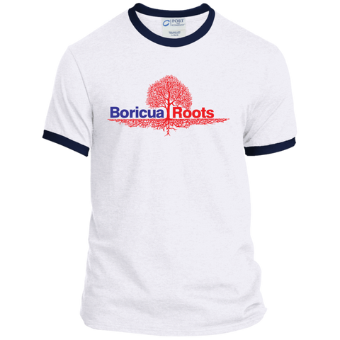 Boricua Roots Blue & Red Logo PC54R Port & Co. Ringer Tee - PR FLAGS UP