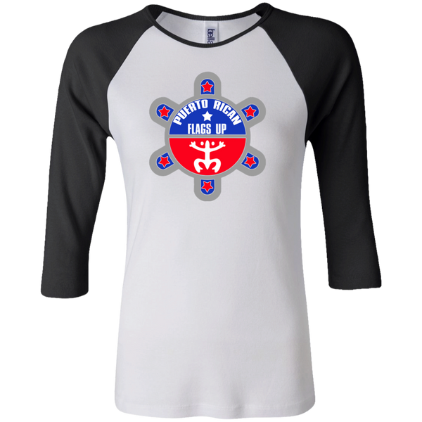 Puerto Rican Flags Up Junior 100% Cotton 3/4 Sleeve Baseball T - PR FLAGS UP